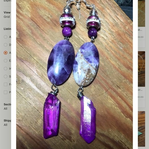 Real amethyst crystal quartz crystal handcrafted earrings, statement earrings - Picture 3 of 8